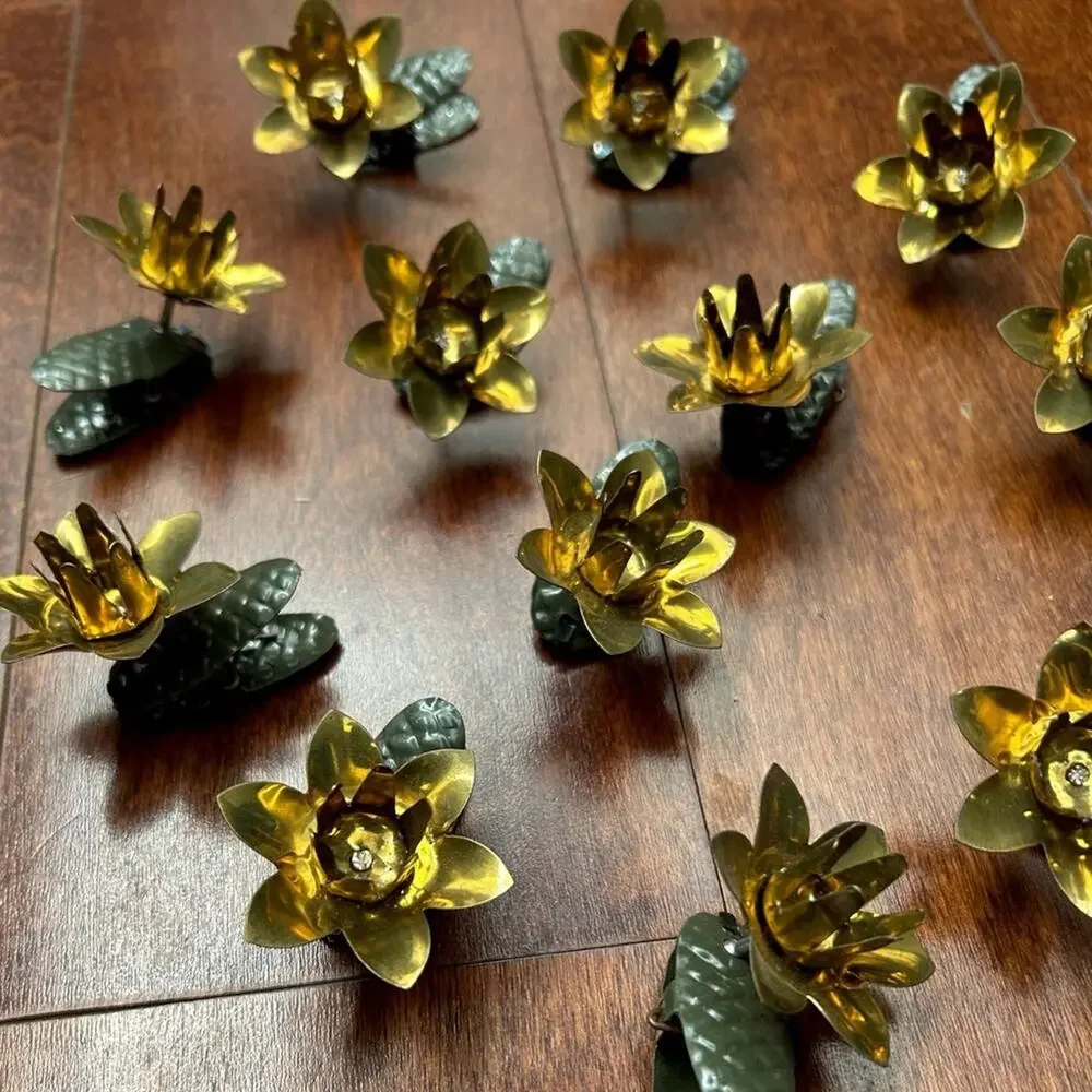 Vintage 1940s Gold & Green Metal Floral Clip-On Christmas Tree Candle Ornaments